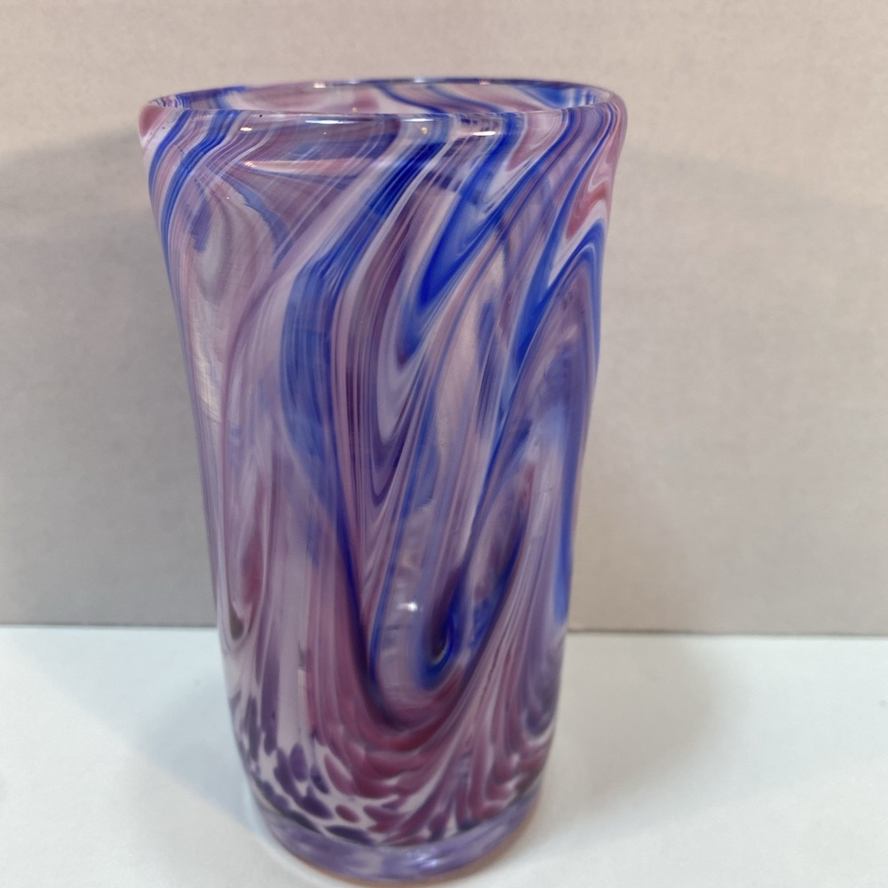 Ron Hinkle Glass Vase React Tumbler Handmade Purple Blue White Swirl‎ Art Signed